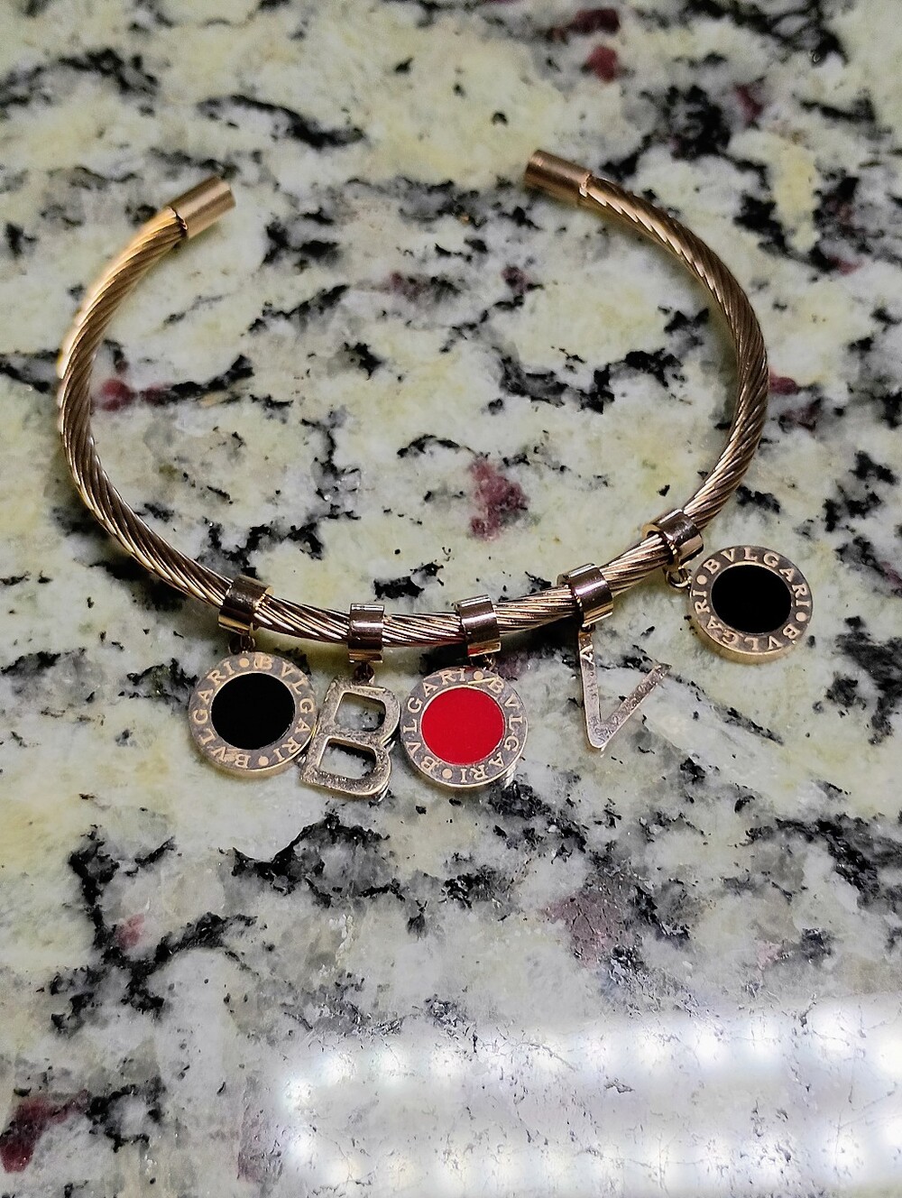 New Rose Gold Cable Bangle with Black and Red Enamel Charms Fashion Jewelry